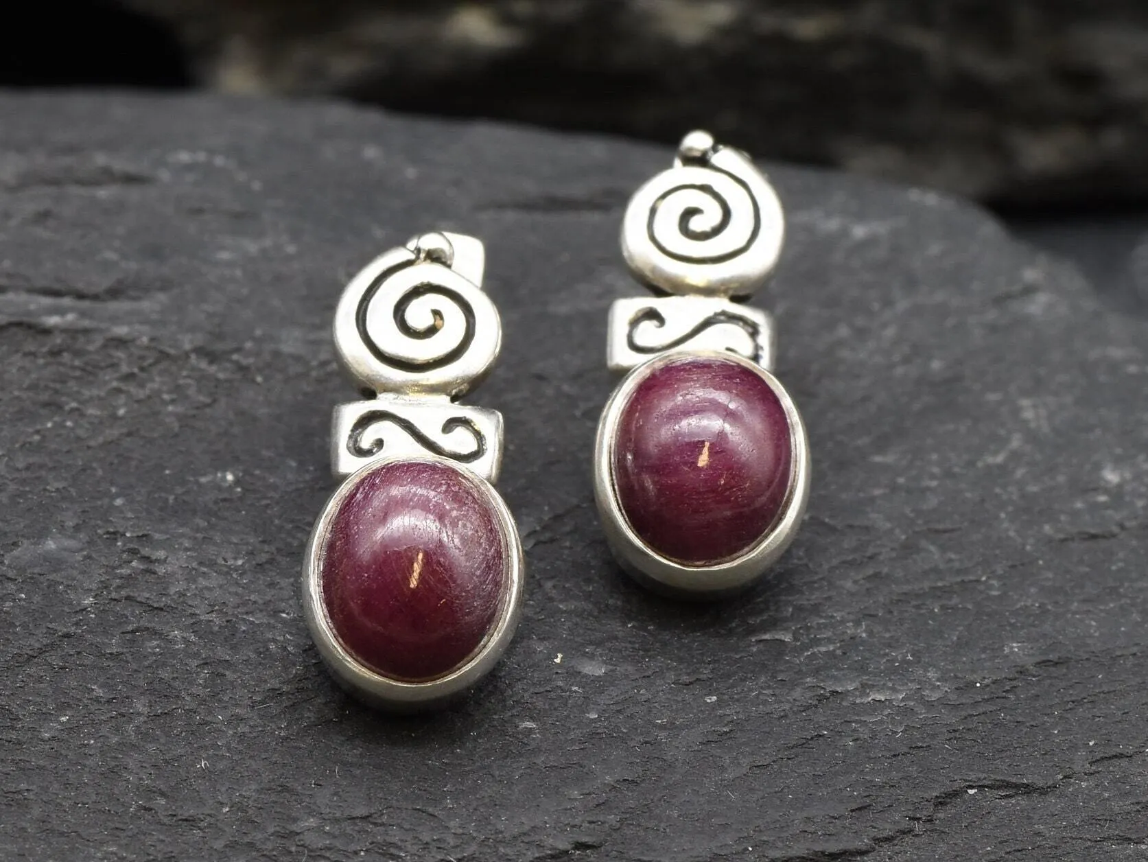 Natural Ruby Earrings - Red Drop Earrings - Swirl Boho Earrings