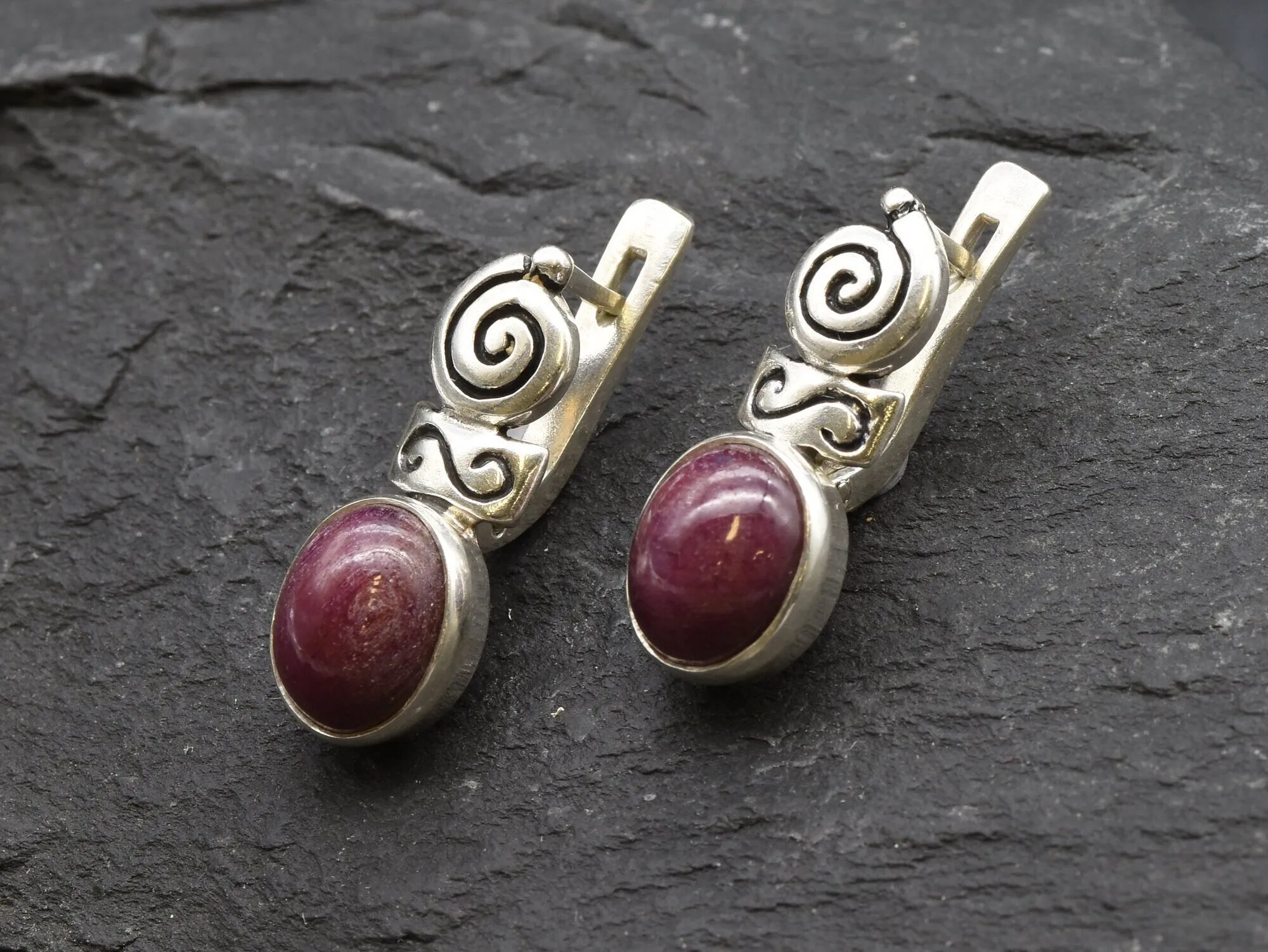 Natural Ruby Earrings - Red Drop Earrings - Swirl Boho Earrings