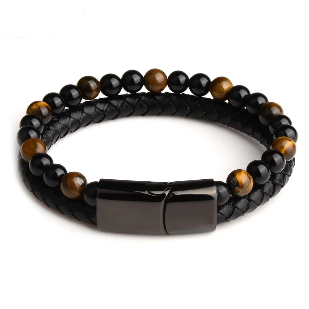 Natural Stone & Leather Beaded Bracelet