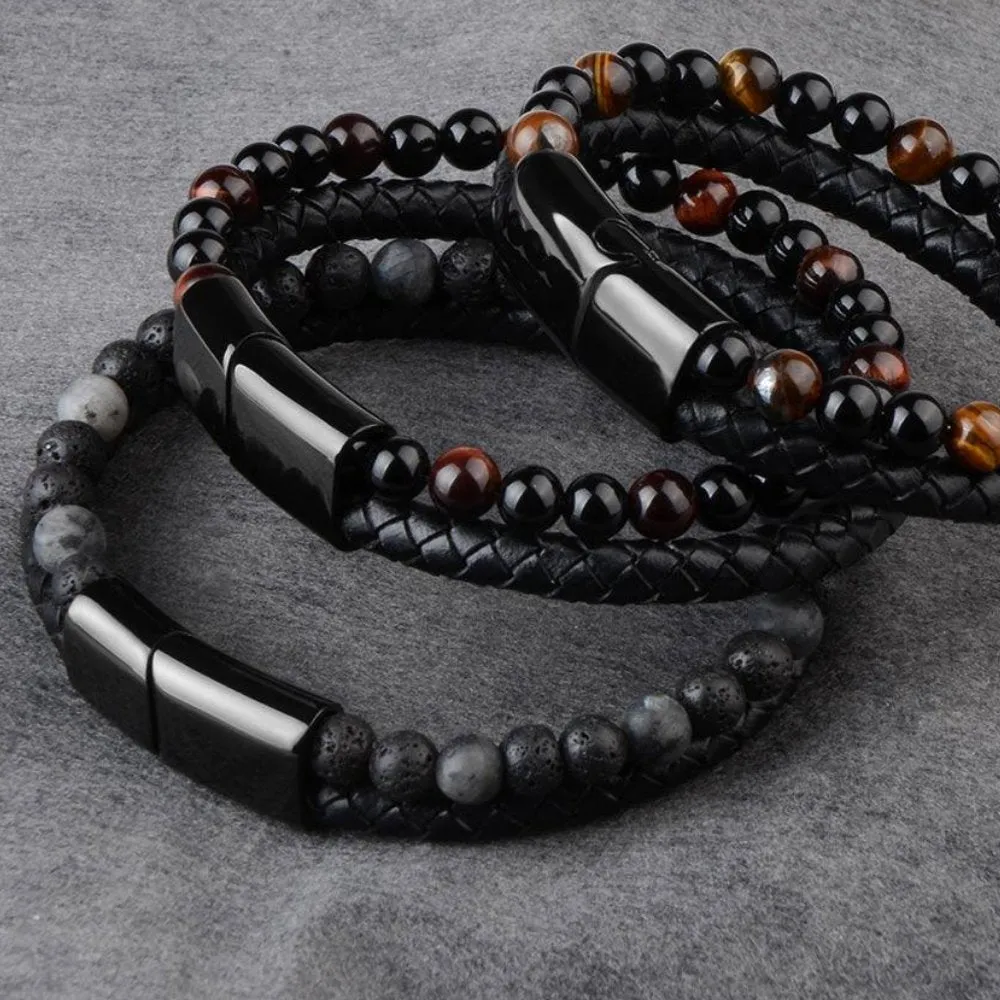 Natural Stone & Leather Beaded Bracelet