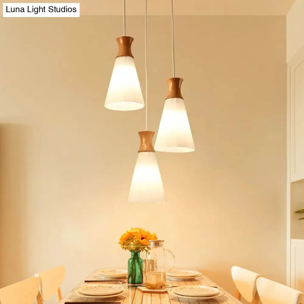 Nordic Style Conic Pendant Lamp with Ribbed Glass and Wood Hangings - 3 Lights, White - Linear/Round Canopy