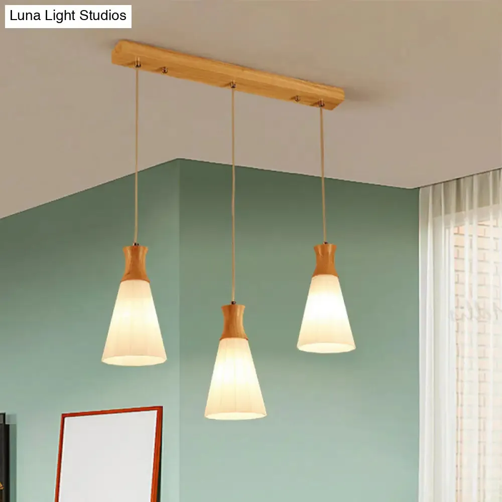 Nordic Style Conic Pendant Lamp with Ribbed Glass and Wood Hangings - 3 Lights, White - Linear/Round Canopy