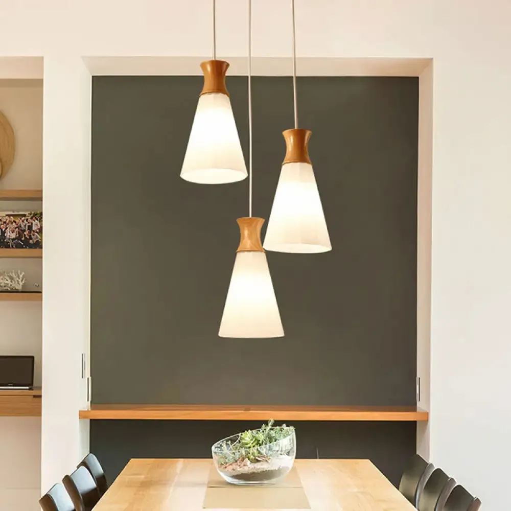 Nordic Style Conic Pendant Lamp with Ribbed Glass and Wood Hangings - 3 Lights, White - Linear/Round Canopy