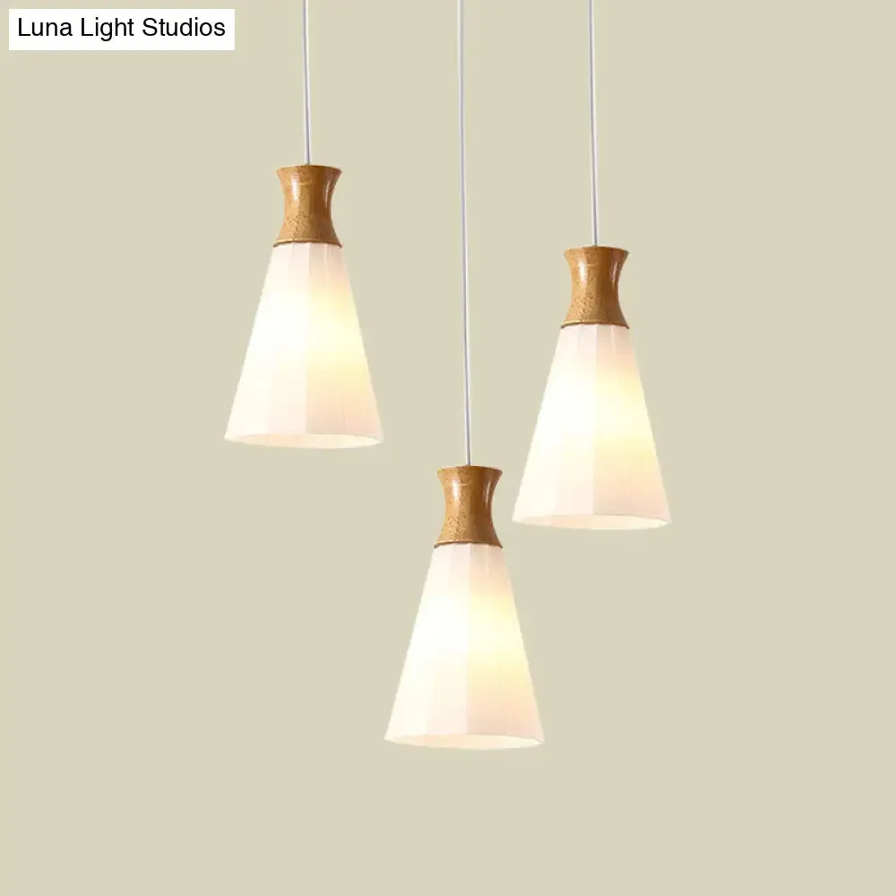 Nordic Style Conic Pendant Lamp with Ribbed Glass and Wood Hangings - 3 Lights, White - Linear/Round Canopy