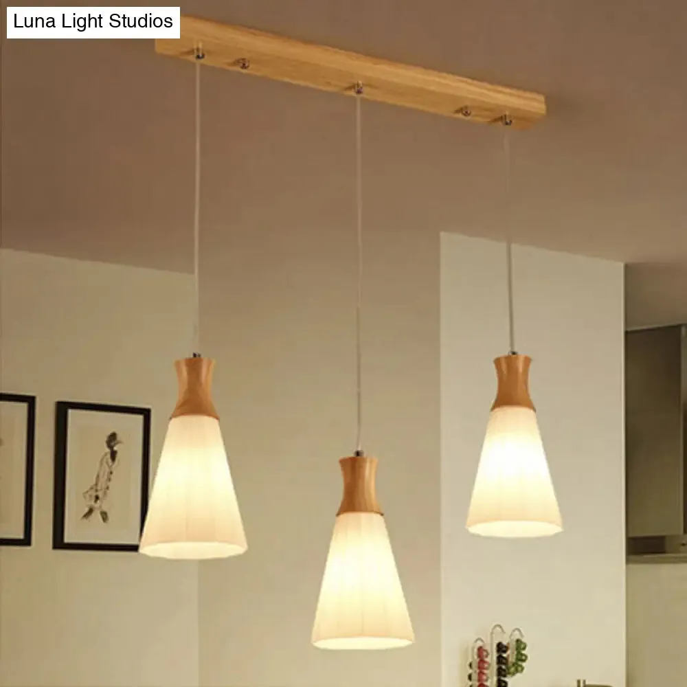 Nordic Style Conic Pendant Lamp with Ribbed Glass and Wood Hangings - 3 Lights, White - Linear/Round Canopy