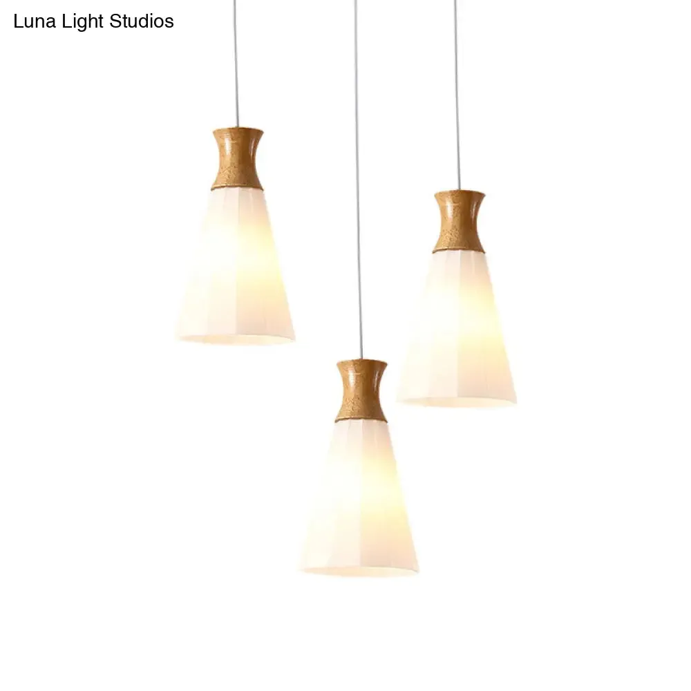 Nordic Style Conic Pendant Lamp with Ribbed Glass and Wood Hangings - 3 Lights, White - Linear/Round Canopy