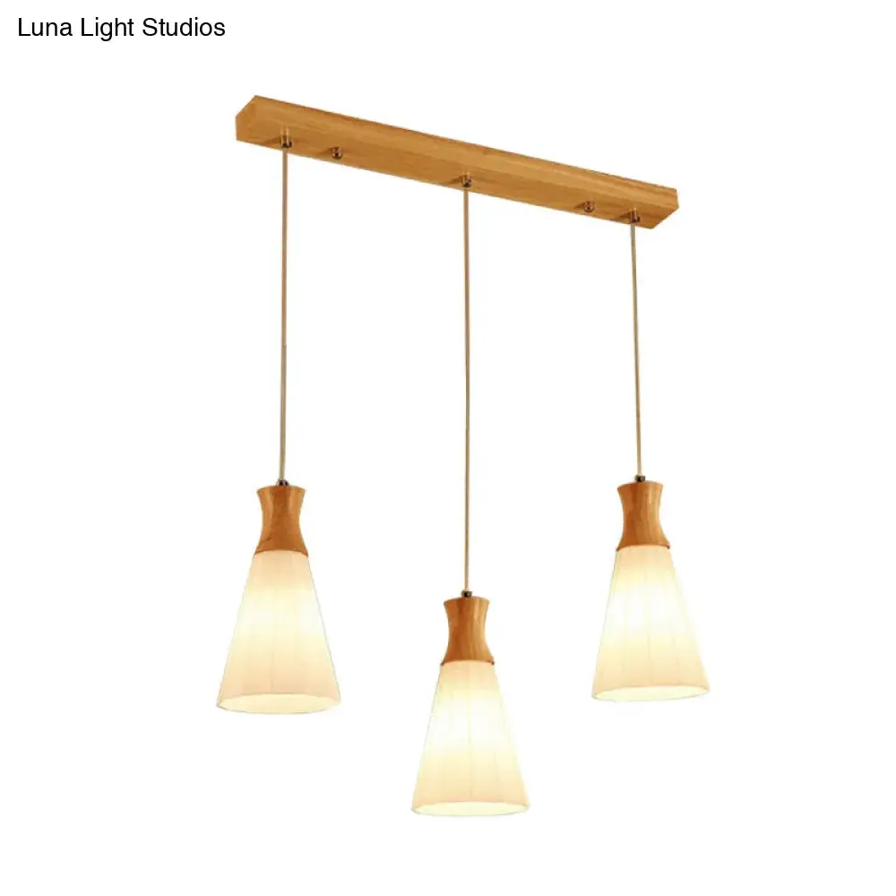 Nordic Style Conic Pendant Lamp with Ribbed Glass and Wood Hangings - 3 Lights, White - Linear/Round Canopy