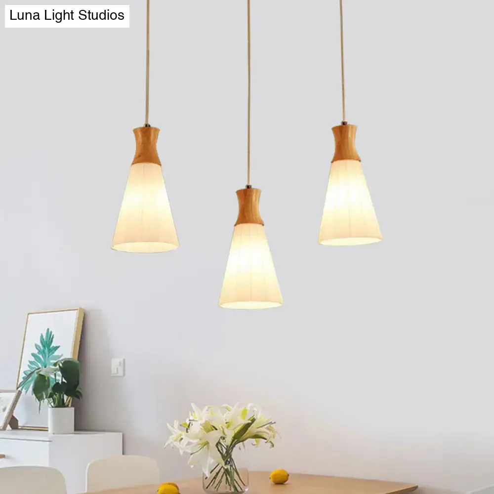 Nordic Style Conic Pendant Lamp with Ribbed Glass and Wood Hangings - 3 Lights, White - Linear/Round Canopy