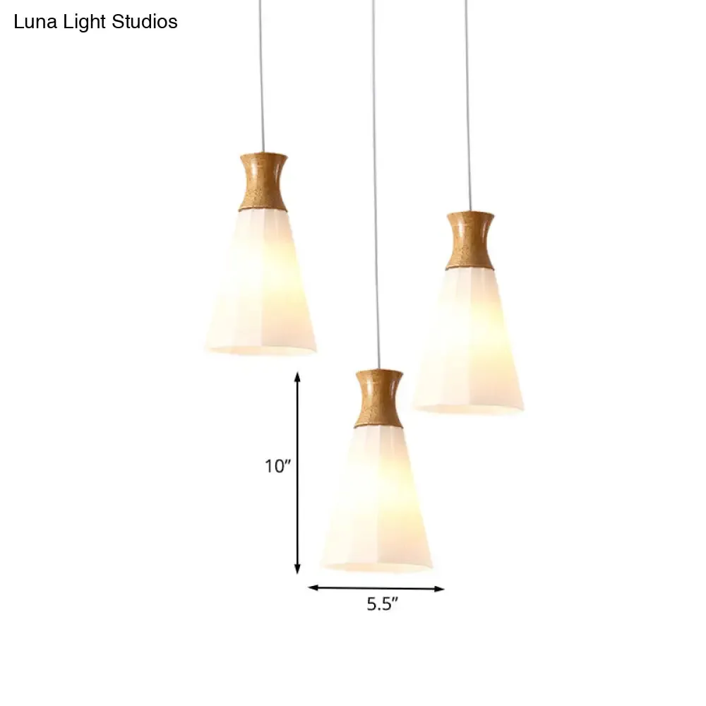 Nordic Style Conic Pendant Lamp with Ribbed Glass and Wood Hangings - 3 Lights, White - Linear/Round Canopy