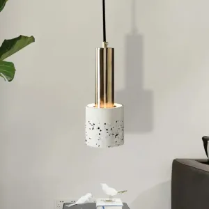 Nordic Terrazzo 1-Light Cylinder Hanging Light for Bedroom Ceiling - White/Black/Pink with Tube Gold Top