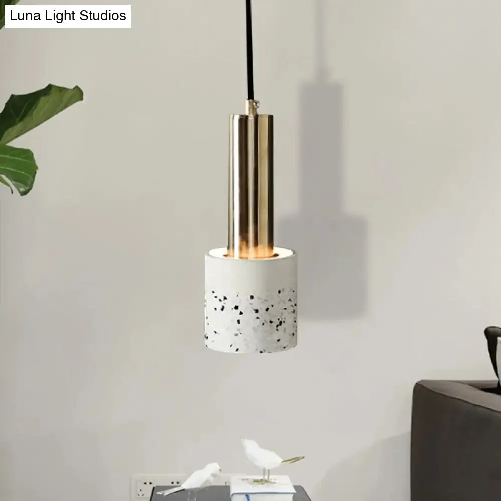 Nordic Terrazzo 1-Light Cylinder Hanging Light for Bedroom Ceiling - White/Black/Pink with Tube Gold Top