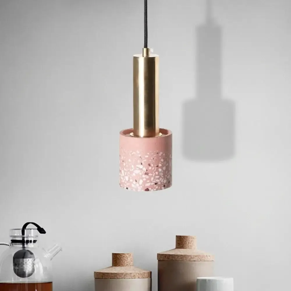 Nordic Terrazzo 1-Light Cylinder Hanging Light for Bedroom Ceiling - White/Black/Pink with Tube Gold Top