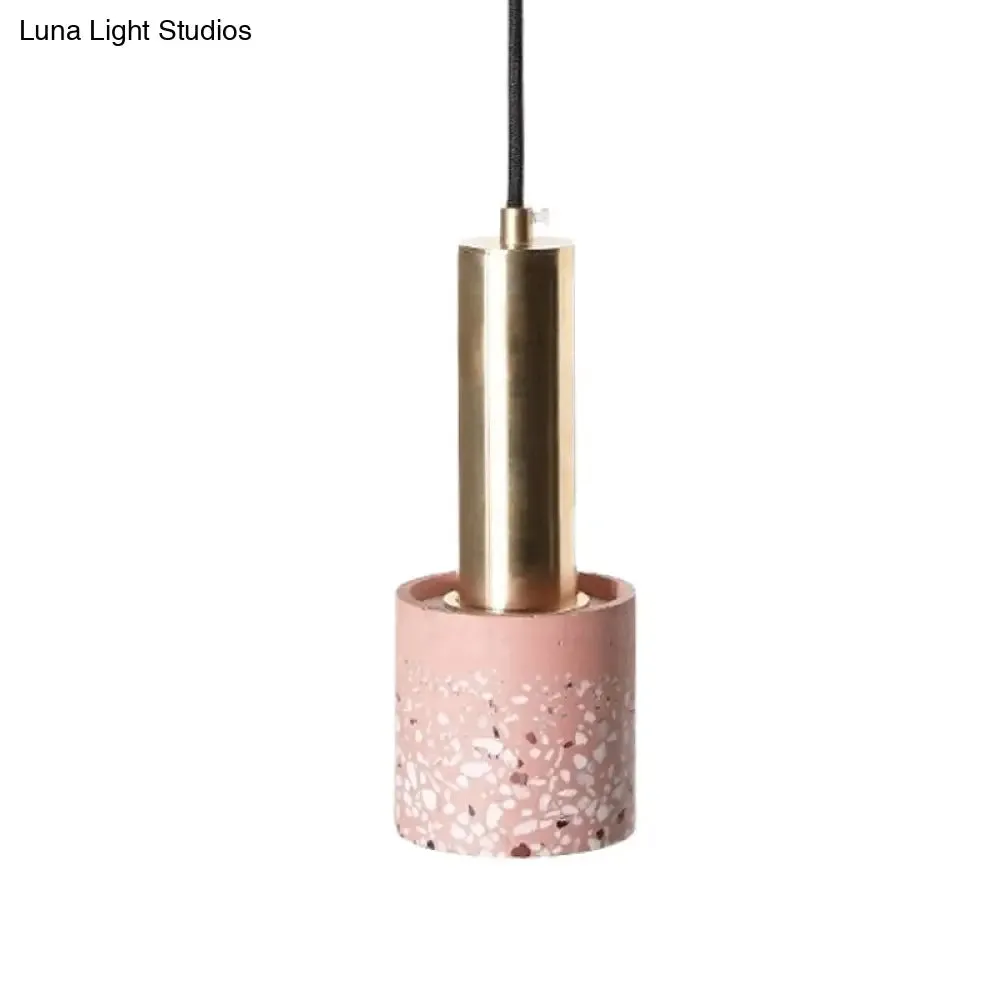 Nordic Terrazzo 1-Light Cylinder Hanging Light for Bedroom Ceiling - White/Black/Pink with Tube Gold Top