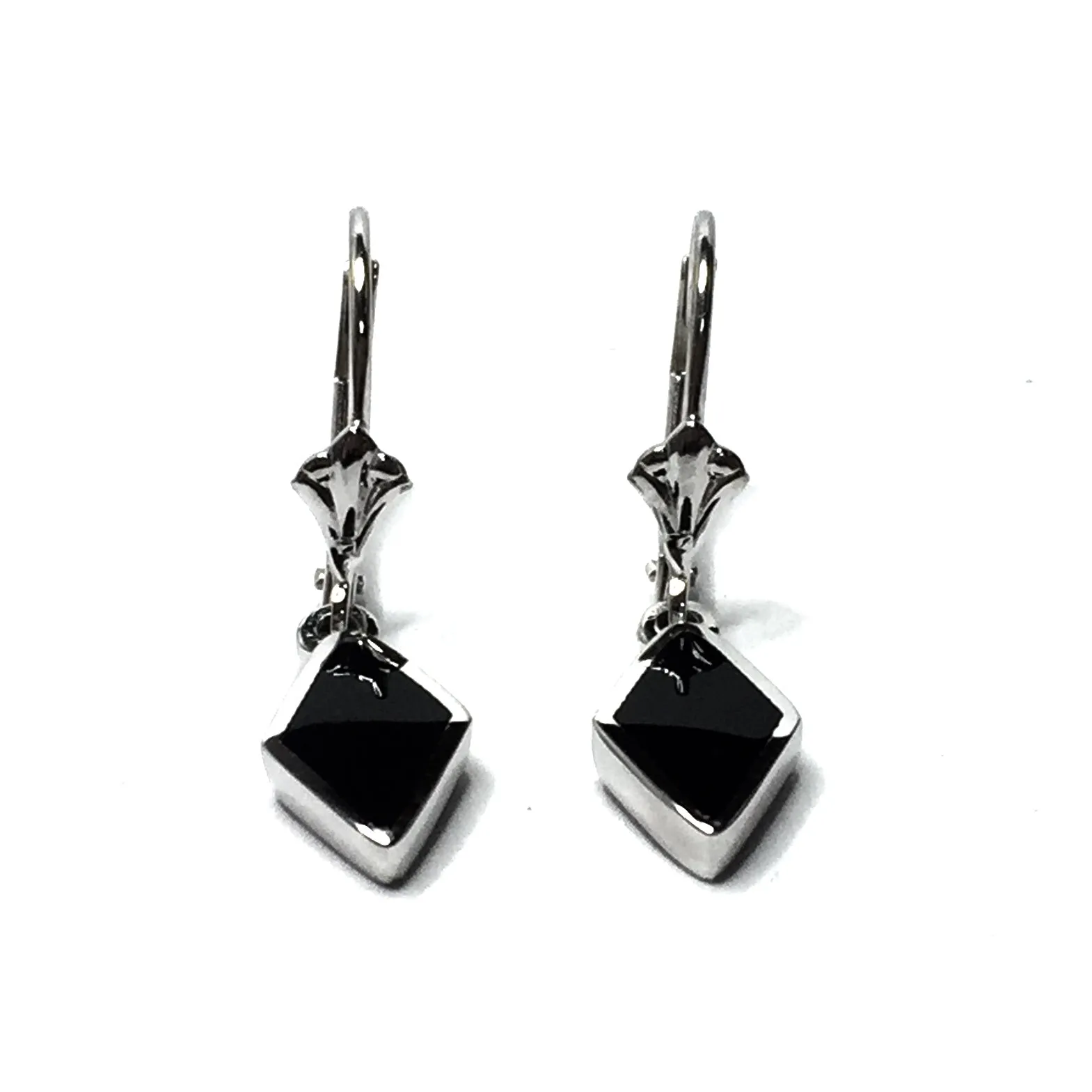 Onyx Inlaid Diamond Shape Lever Back Earrings