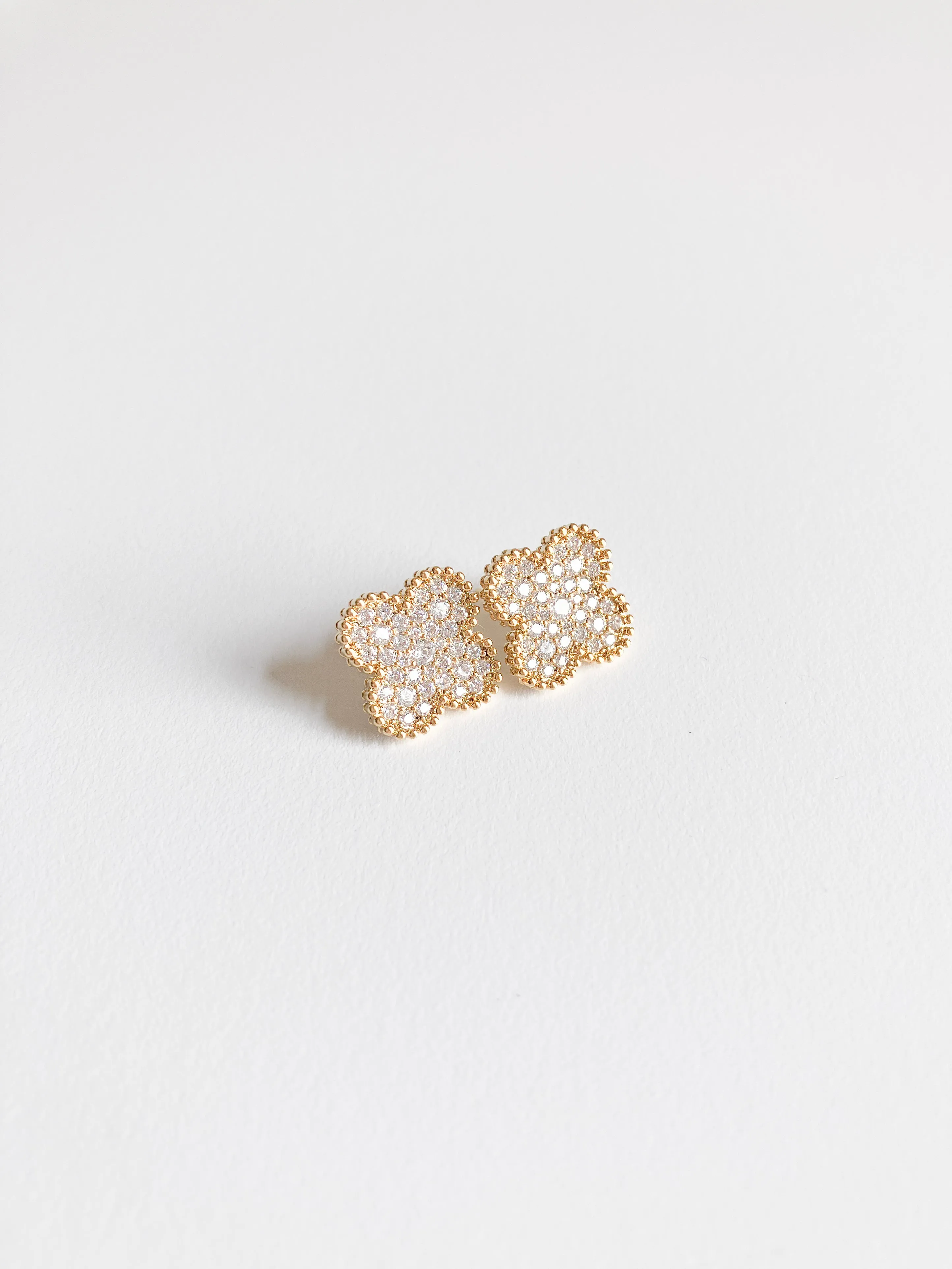 Pave Cubic Zirconia Quatrefoil Earrings with Gold Perlage