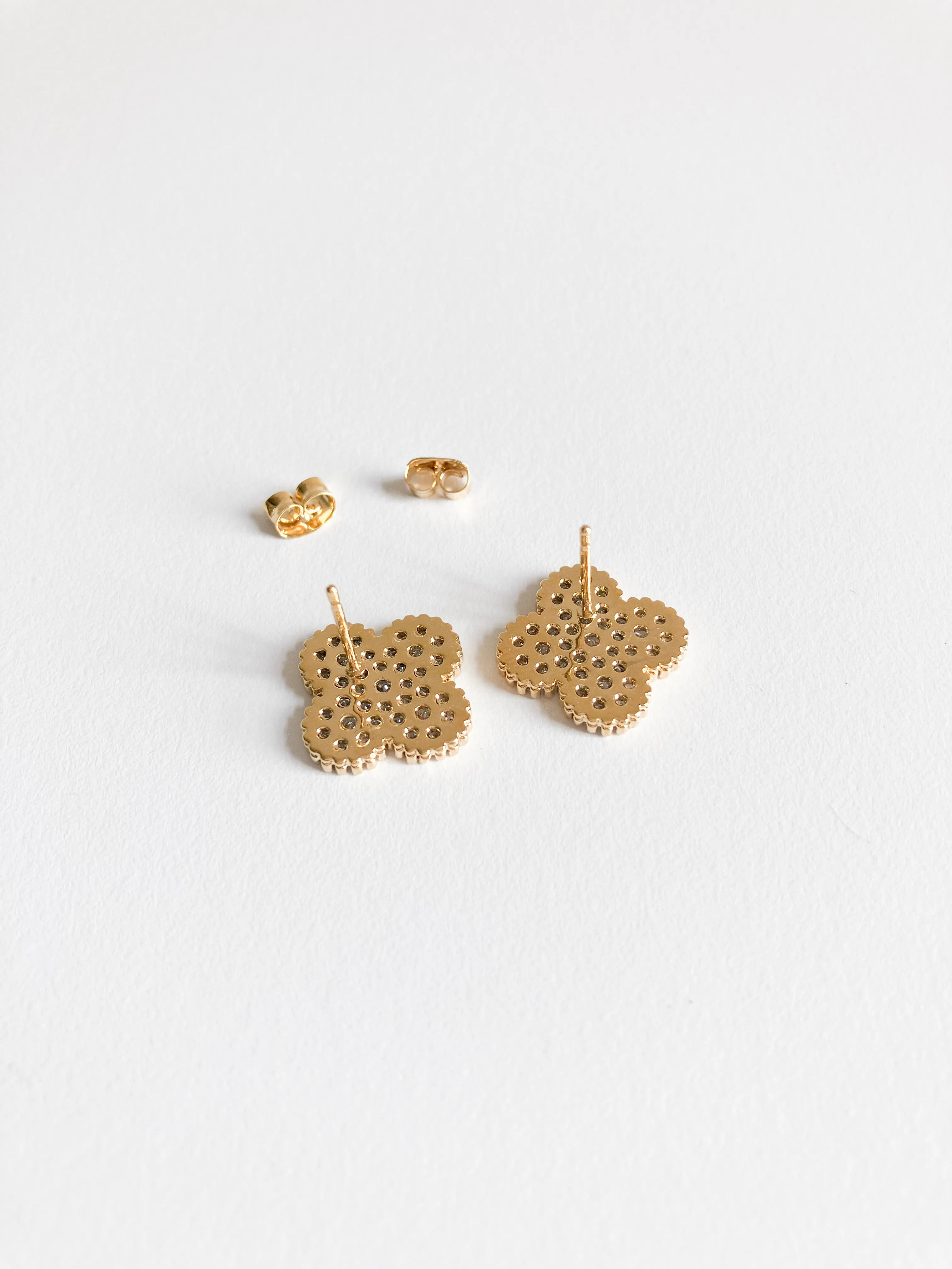 Pave Cubic Zirconia Quatrefoil Earrings with Gold Perlage