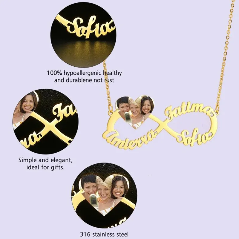 Personalized Steel Infinity Symbol Shape Heart Nameplate Necklace Custom Photo Text Engrave Name Pendant