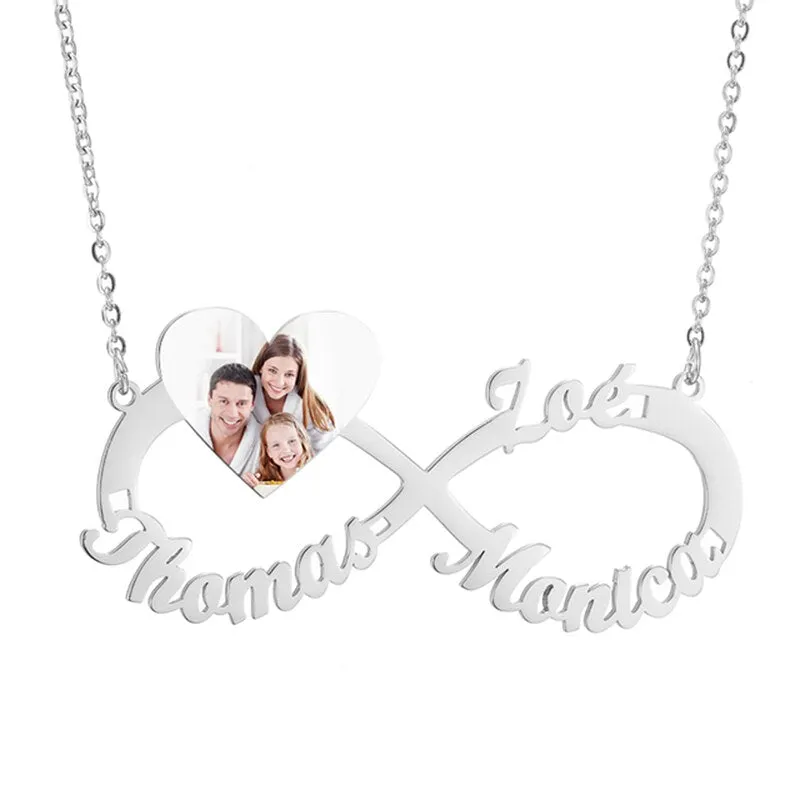 Personalized Steel Infinity Symbol Shape Heart Nameplate Necklace Custom Photo Text Engrave Name Pendant