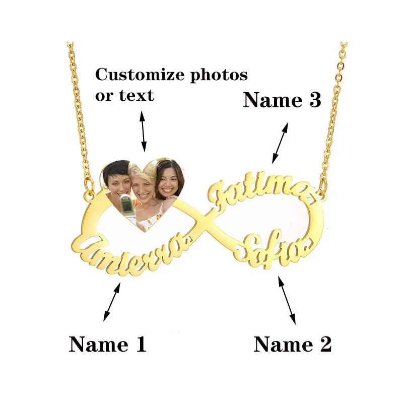 Personalized Steel Infinity Symbol Shape Heart Nameplate Necklace Custom Photo Text Engrave Name Pendant