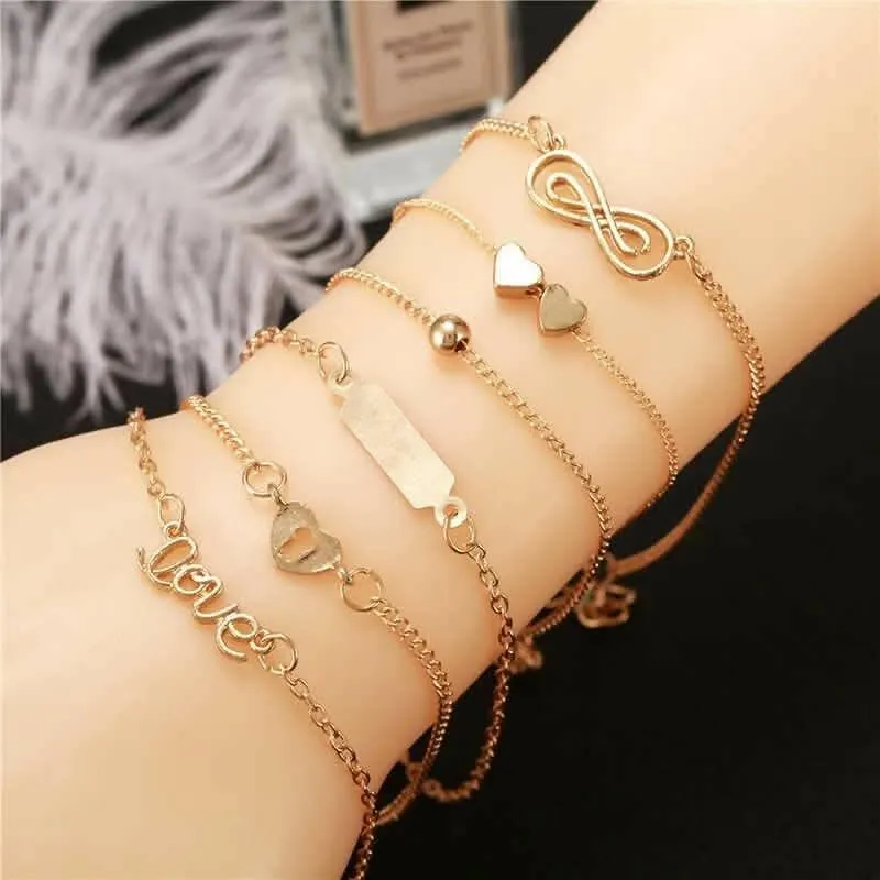 Pinapes Bohemian 6pcs Bracelet on Leg Heart Love Bar Infinity Foot Chain Ankle Beach Jewelry