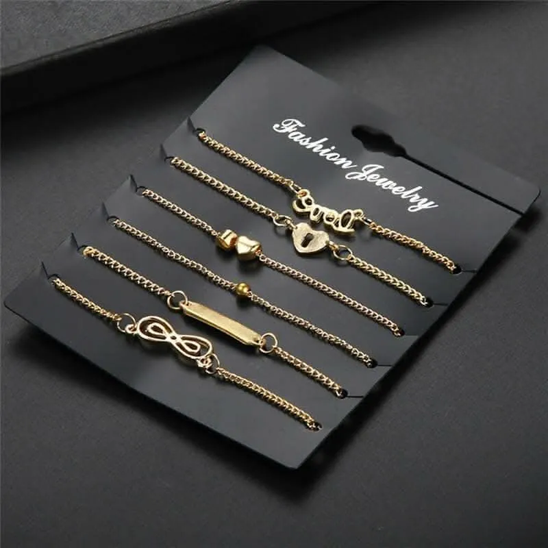 Pinapes Bohemian 6pcs Bracelet on Leg Heart Love Bar Infinity Foot Chain Ankle Beach Jewelry