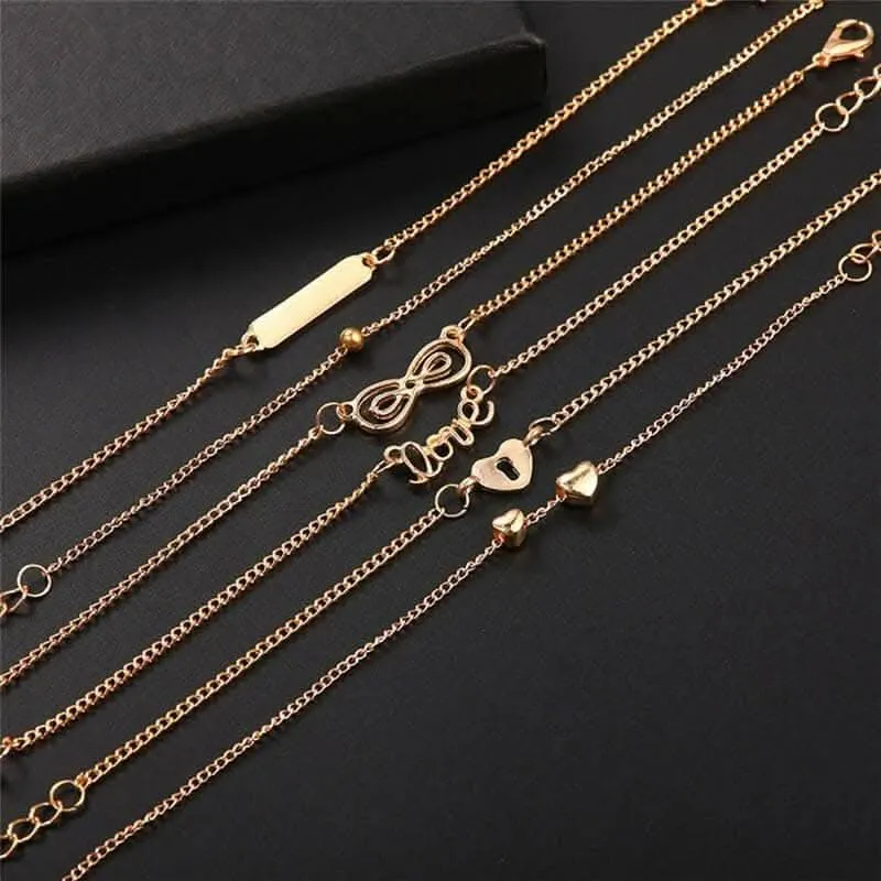 Pinapes Bohemian 6pcs Bracelet on Leg Heart Love Bar Infinity Foot Chain Ankle Beach Jewelry