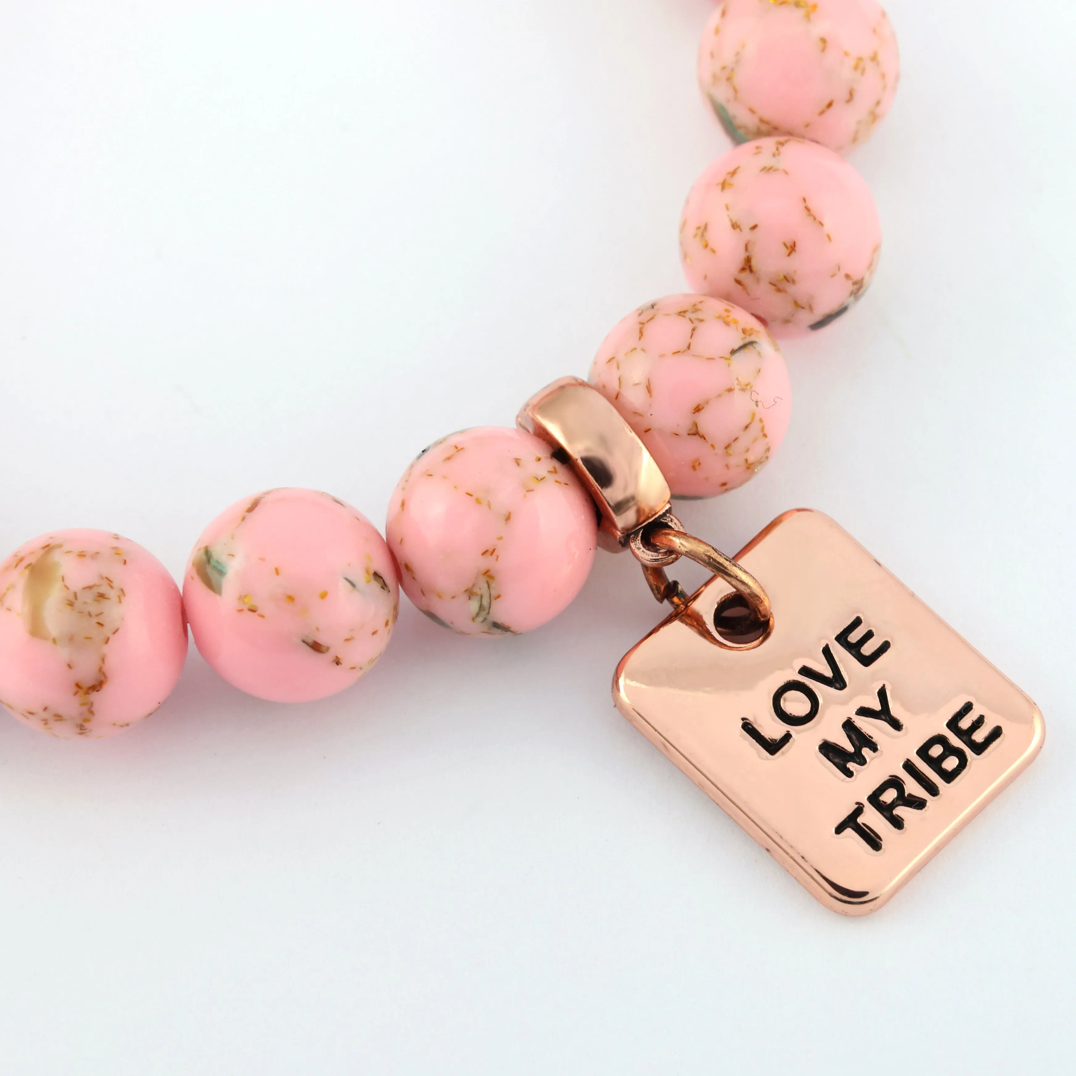 PINK COLLECTION - Soft Pink Synthesis 10mm Bead Bracelet  -  Rose Gold Word Charms