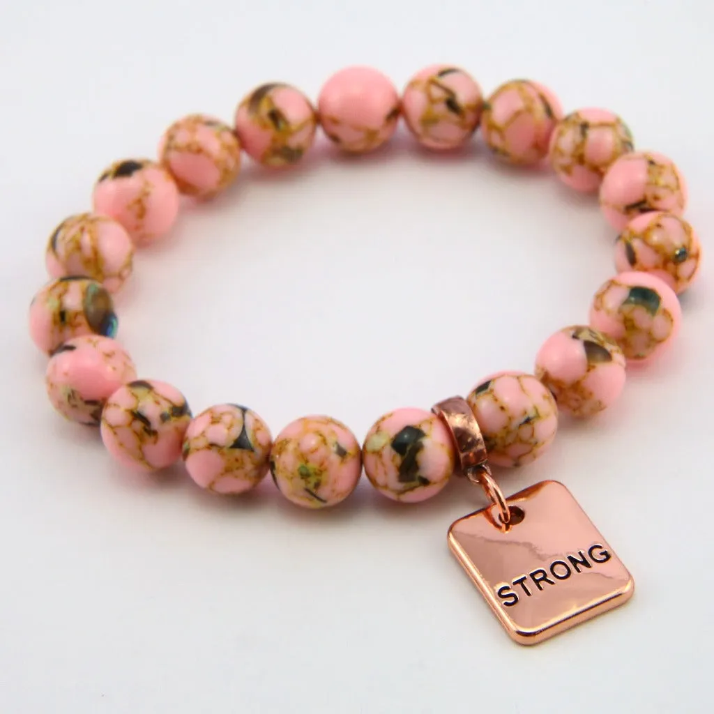 PINK COLLECTION - Soft Pink Synthesis 10mm Bead Bracelet  -  Rose Gold Word Charms