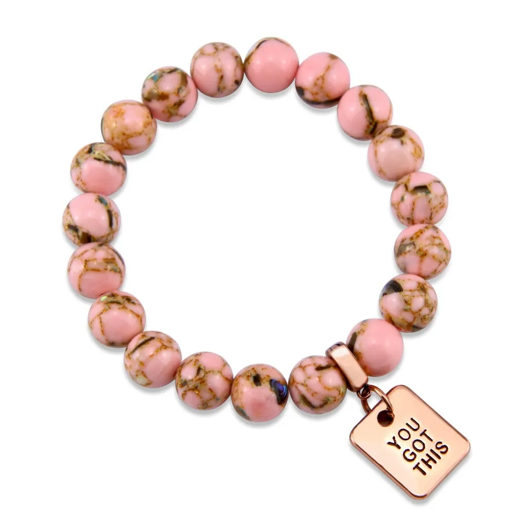 PINK COLLECTION - Soft Pink Synthesis 10mm Bead Bracelet  -  Rose Gold Word Charms