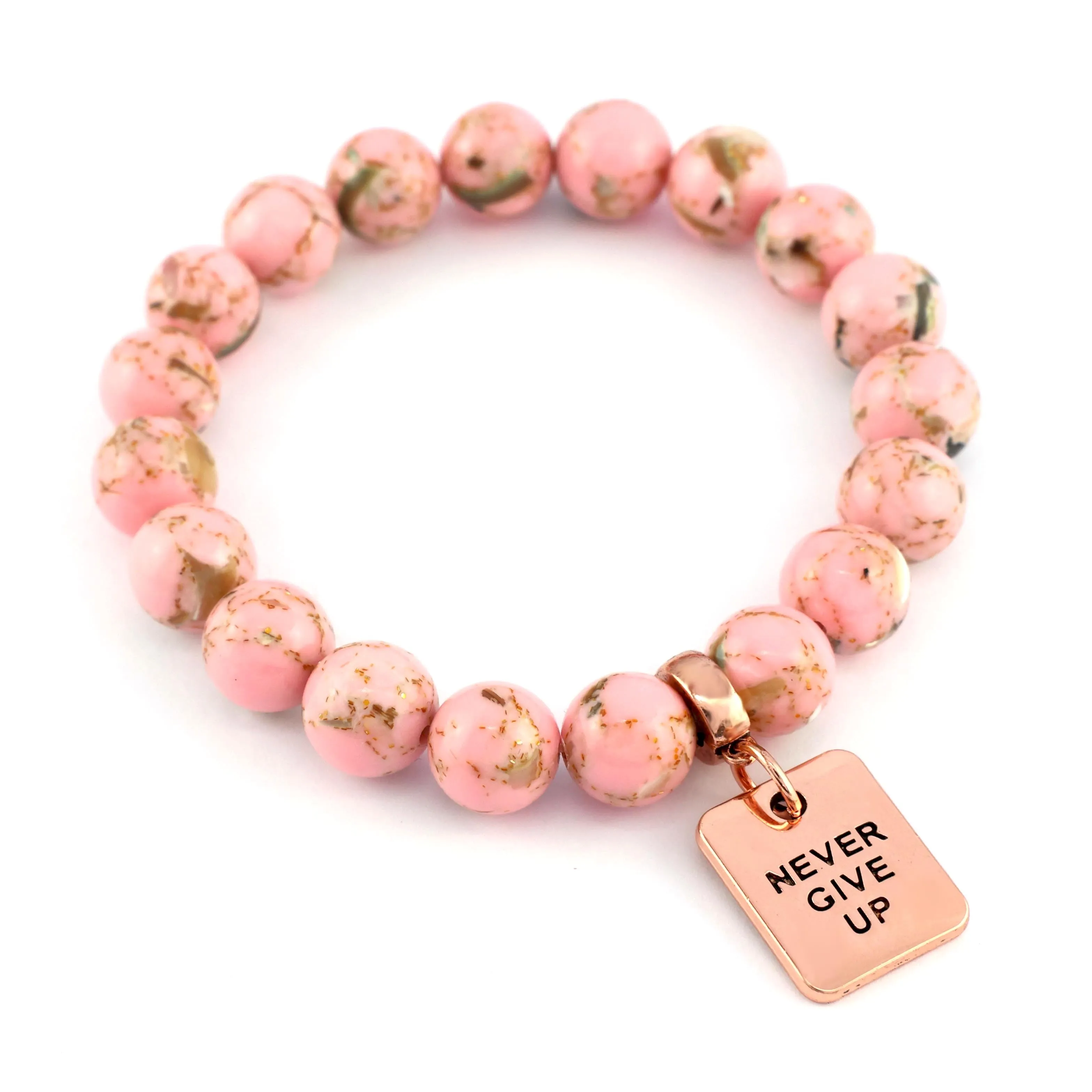 PINK COLLECTION - Soft Pink Synthesis 10mm Bead Bracelet  -  Rose Gold Word Charms