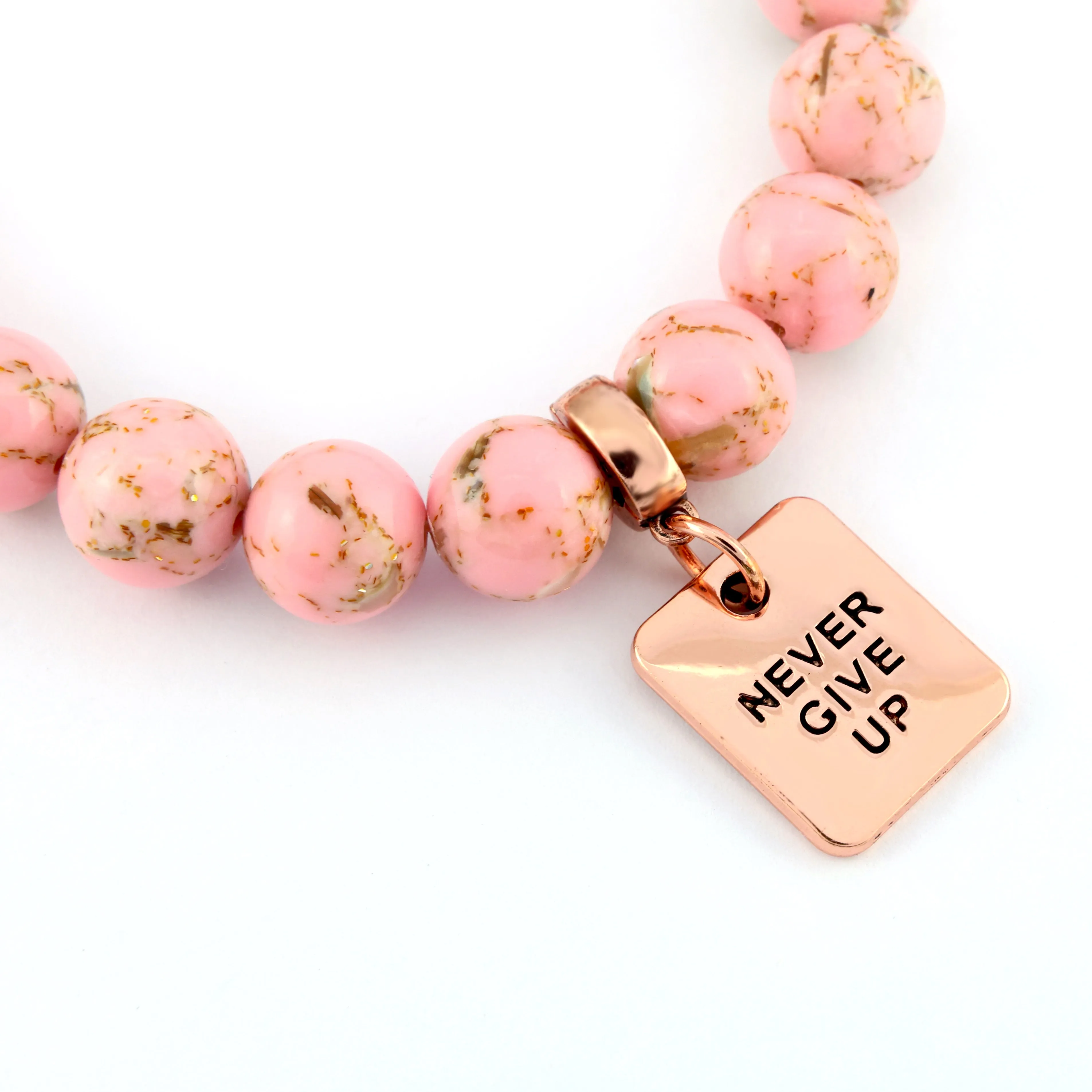 PINK COLLECTION - Soft Pink Synthesis 10mm Bead Bracelet  -  Rose Gold Word Charms