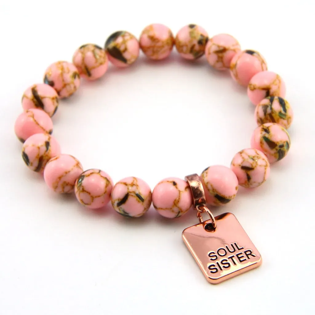 PINK COLLECTION - Soft Pink Synthesis 10mm Bead Bracelet  -  Rose Gold Word Charms