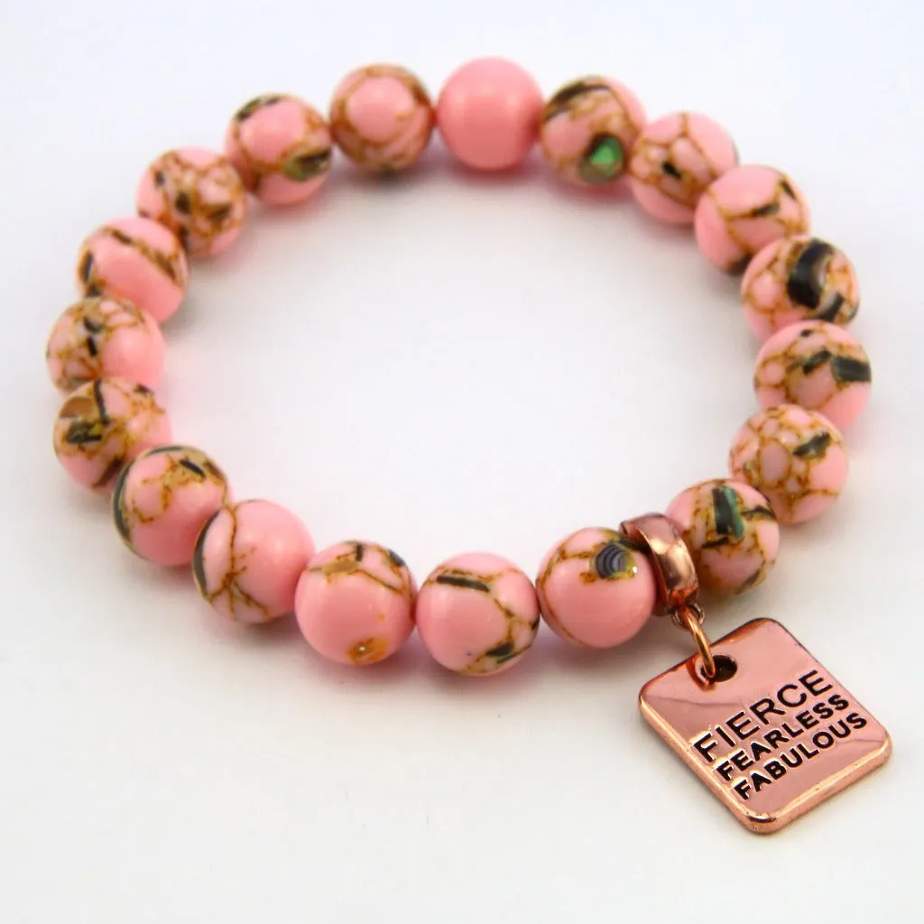 PINK COLLECTION - Soft Pink Synthesis 10mm Bead Bracelet  -  Rose Gold Word Charms