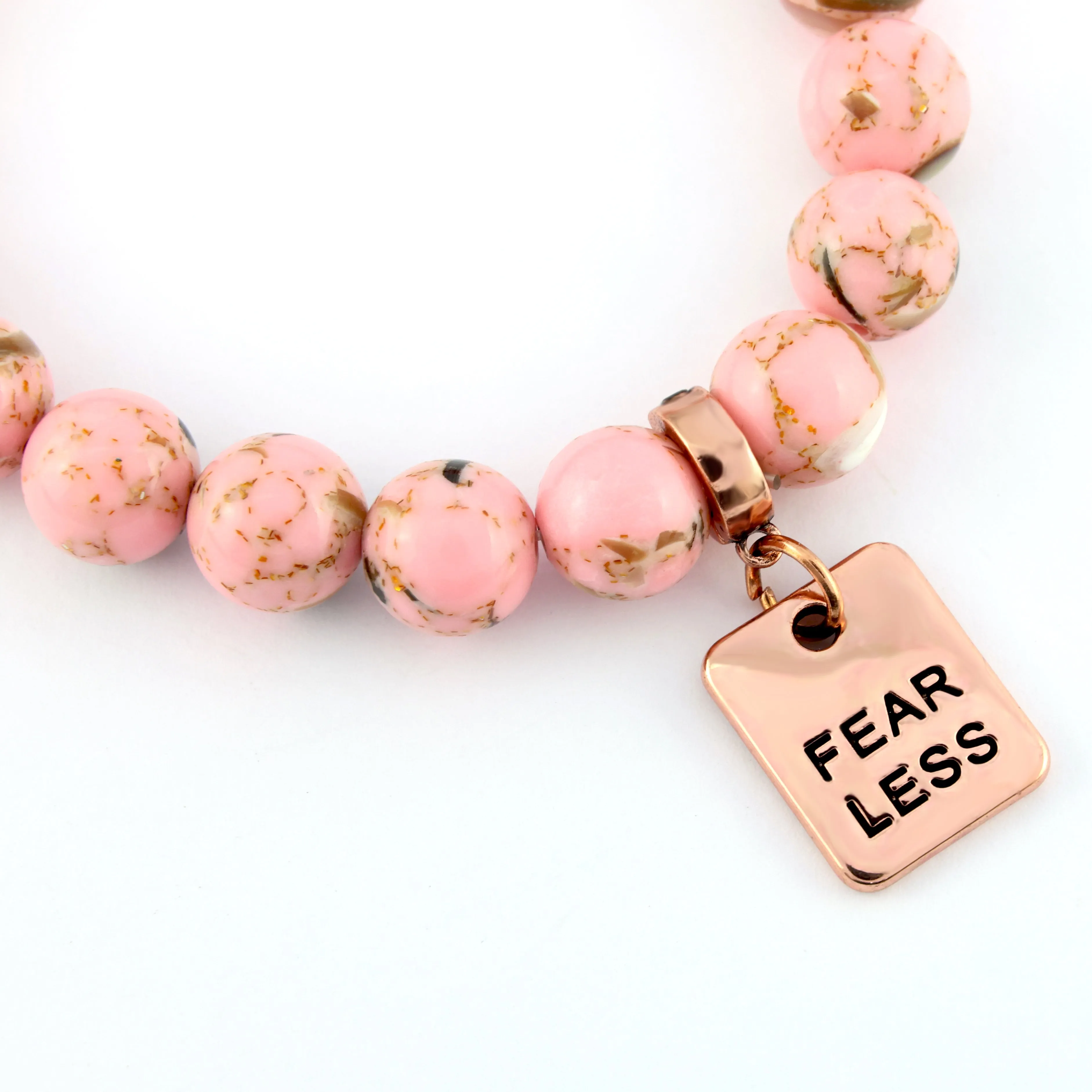 PINK COLLECTION - Soft Pink Synthesis 10mm Bead Bracelet  -  Rose Gold Word Charms