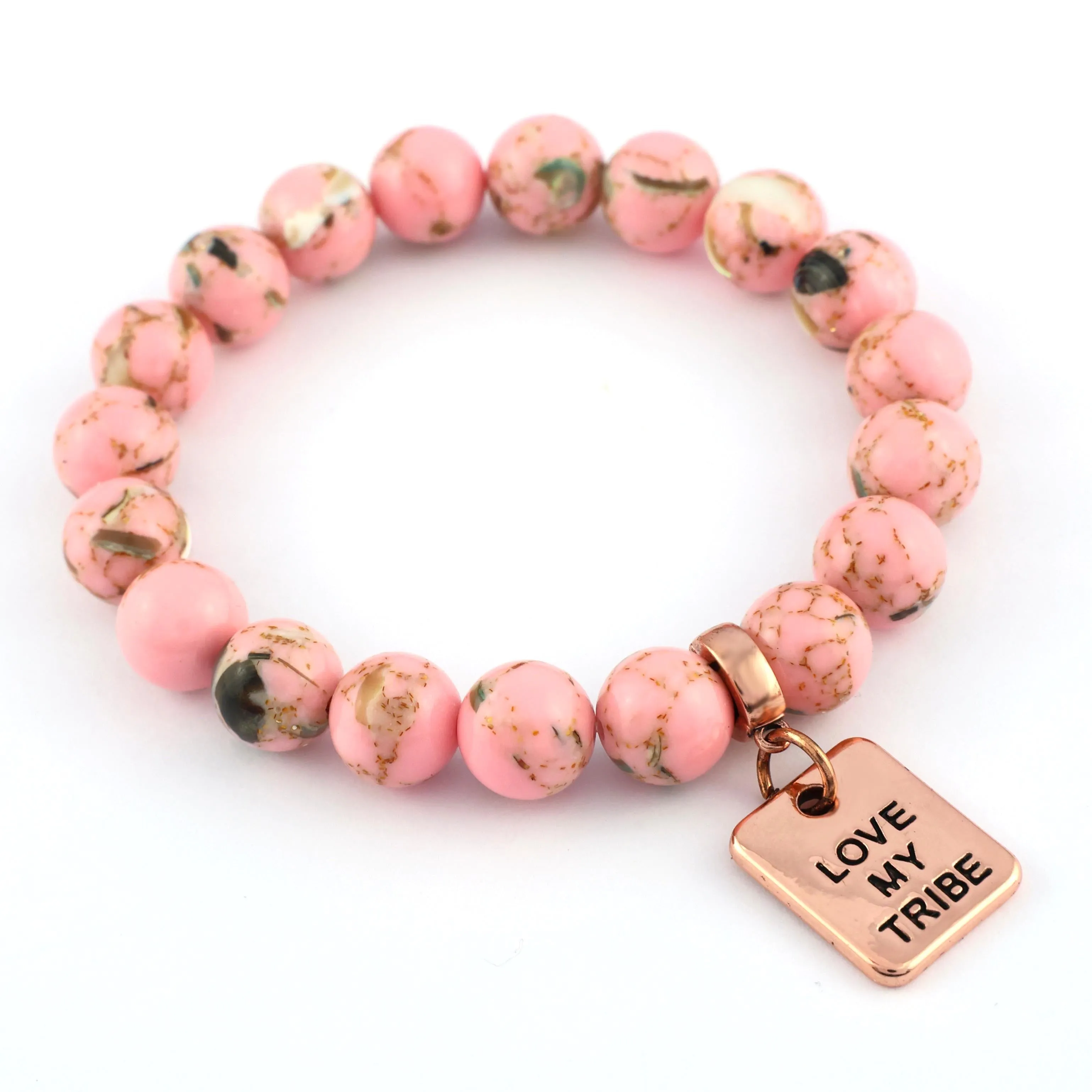 PINK COLLECTION - Soft Pink Synthesis 10mm Bead Bracelet  -  Rose Gold Word Charms