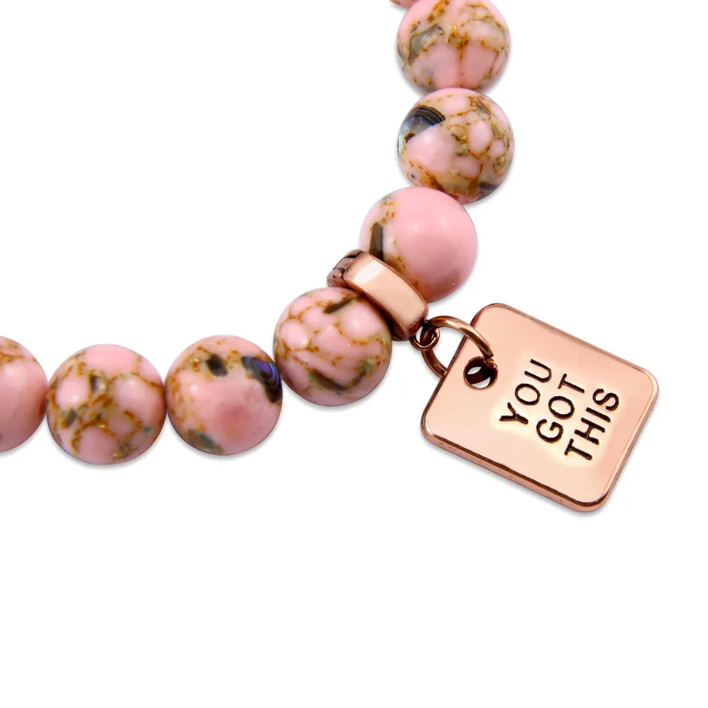 PINK COLLECTION - Soft Pink Synthesis 10mm Bead Bracelet  -  Rose Gold Word Charms