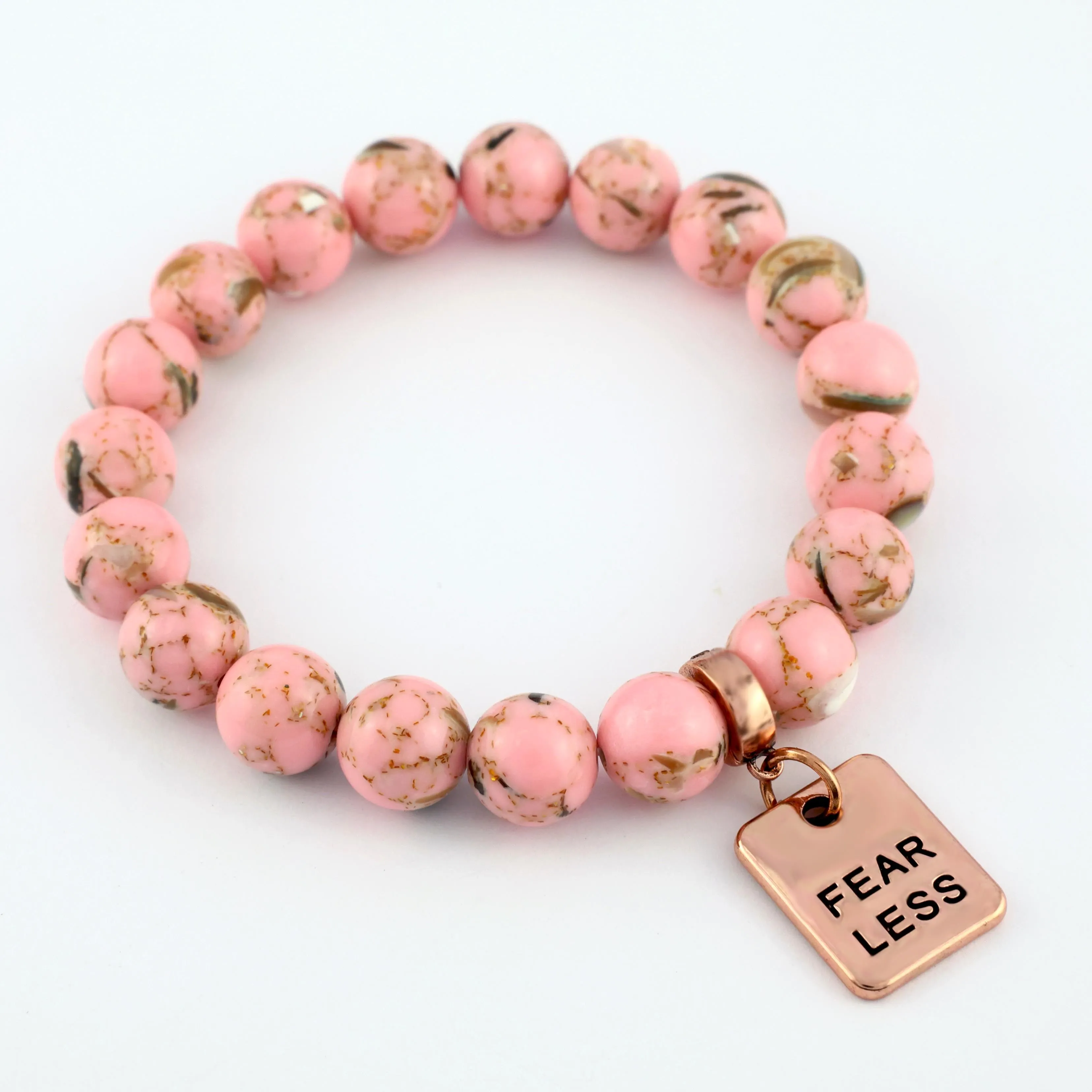 PINK COLLECTION - Soft Pink Synthesis 10mm Bead Bracelet  -  Rose Gold Word Charms