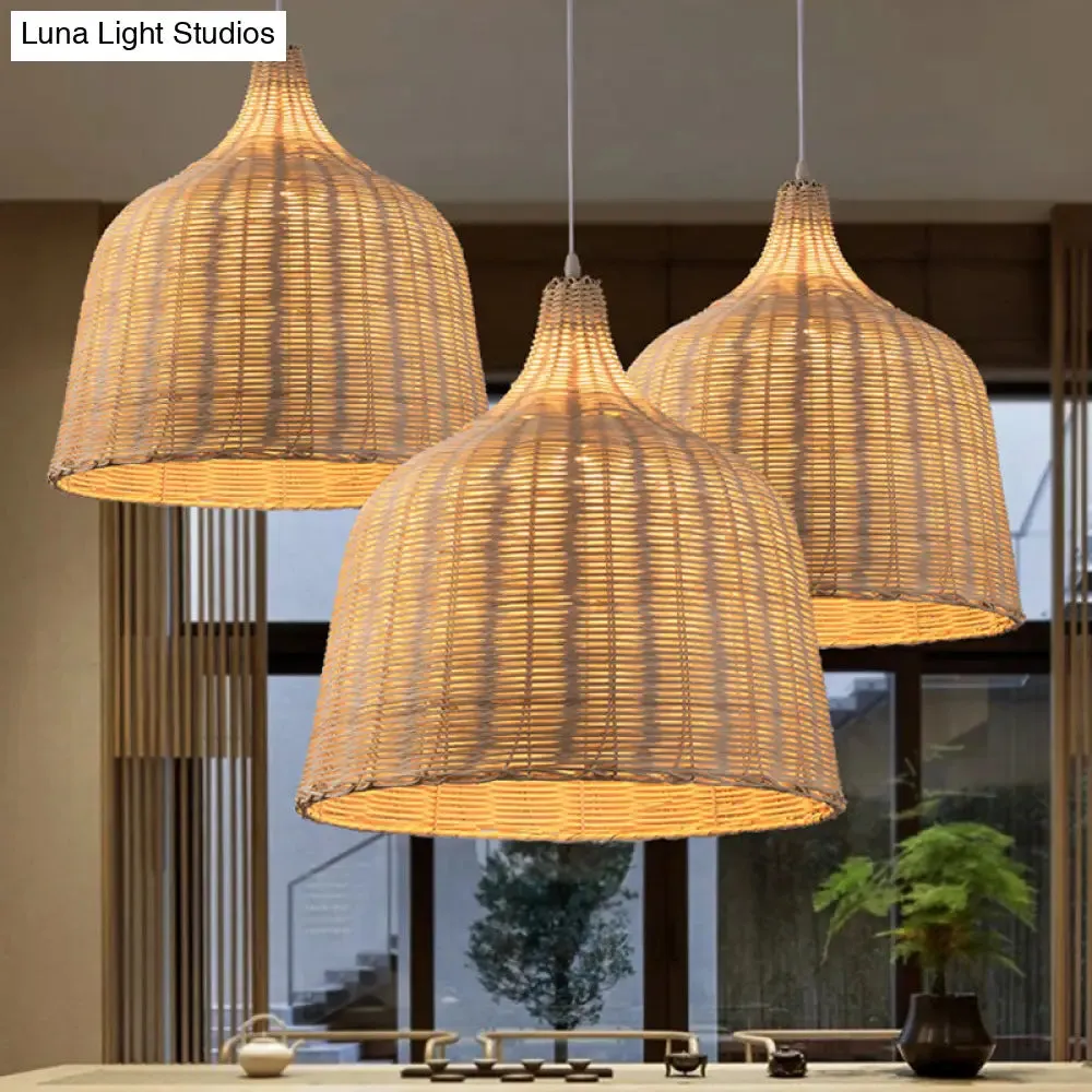 Rattan Ceiling Hang Lamp - Contemporary Cloche Shape - 1 Bulb - 10"/14"/23.5" Wide - Beige - Tearoom