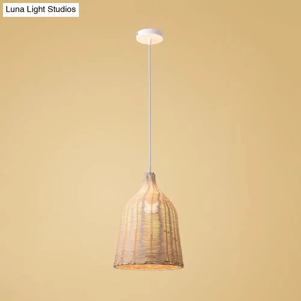 Rattan Ceiling Hang Lamp - Contemporary Cloche Shape - 1 Bulb - 10"/14"/23.5" Wide - Beige - Tearoom