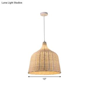 Rattan Ceiling Hang Lamp - Contemporary Cloche Shape - 1 Bulb - 10"/14"/23.5" Wide - Beige - Tearoom