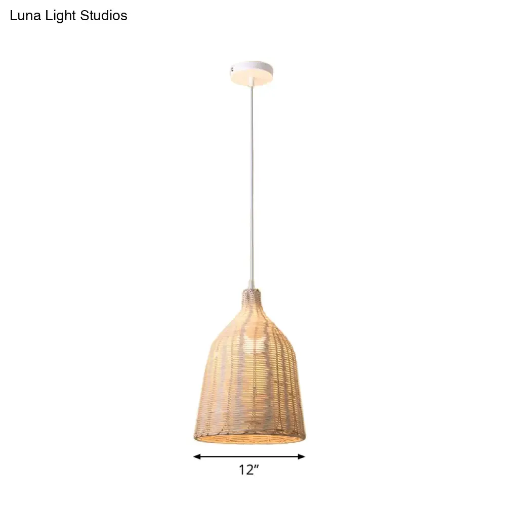 Rattan Ceiling Hang Lamp - Contemporary Cloche Shape - 1 Bulb - 10"/14"/23.5" Wide - Beige - Tearoom