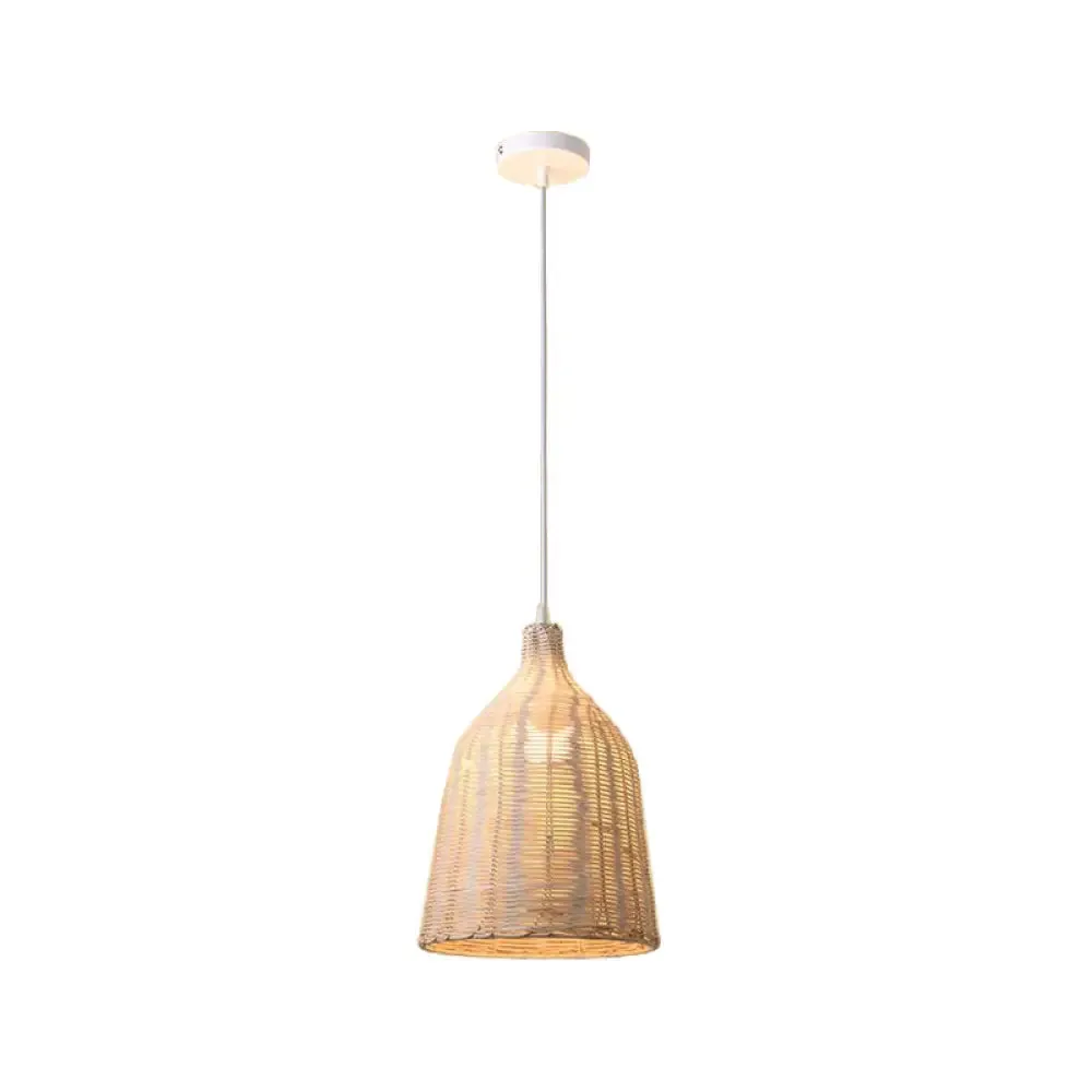 Rattan Ceiling Hang Lamp - Contemporary Cloche Shape - 1 Bulb - 10"/14"/23.5" Wide - Beige - Tearoom