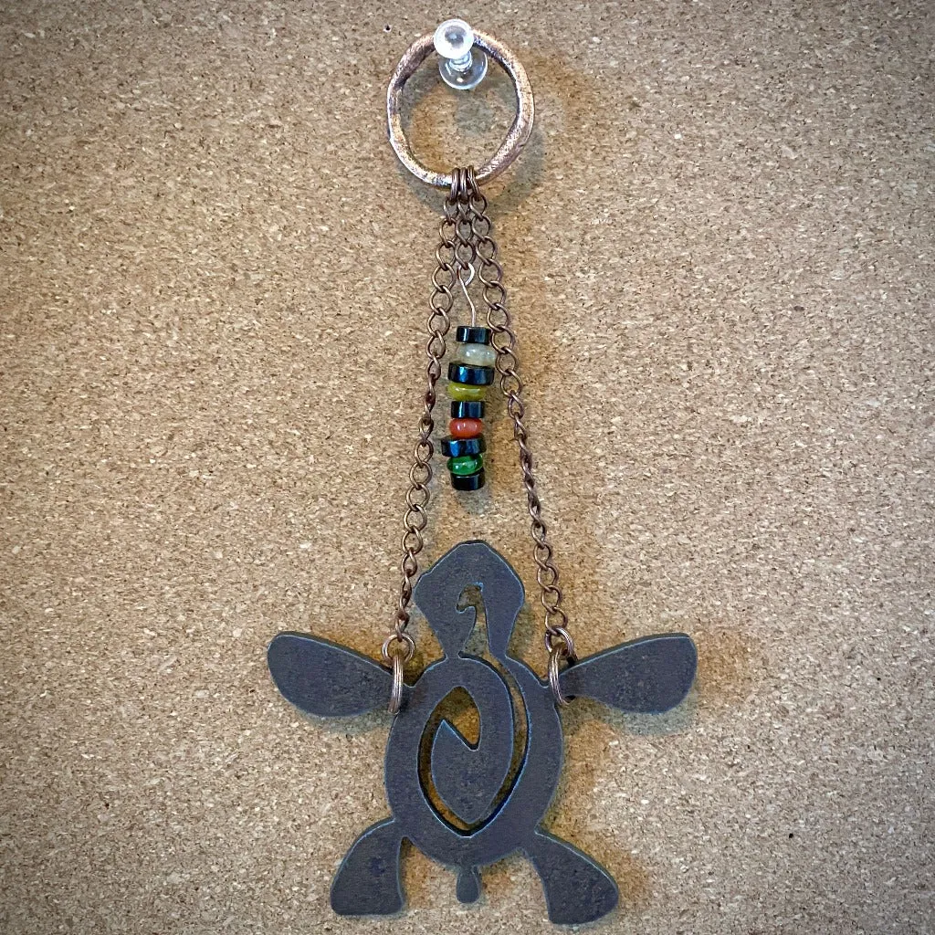 Recycled Iron Sea Turtle with Copper, Shungite, Glass Bead Dangle