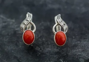 Red Coral Earrings - Red Bezel Earrings - Vintage Drop Earrings