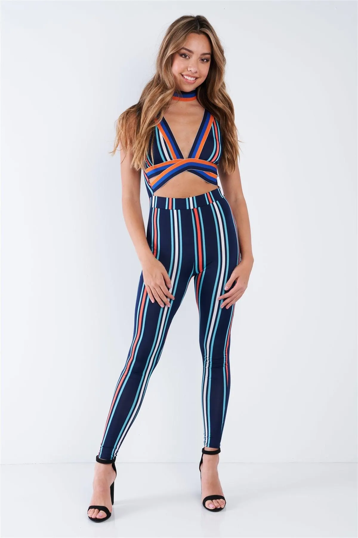 Retro Multi Striped Strappy Sexy Spandex Jumpsuit