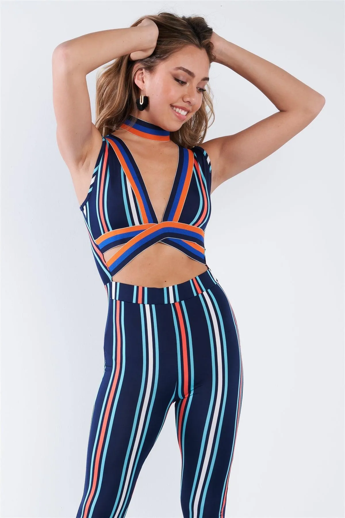 Retro Multi Striped Strappy Sexy Spandex Jumpsuit