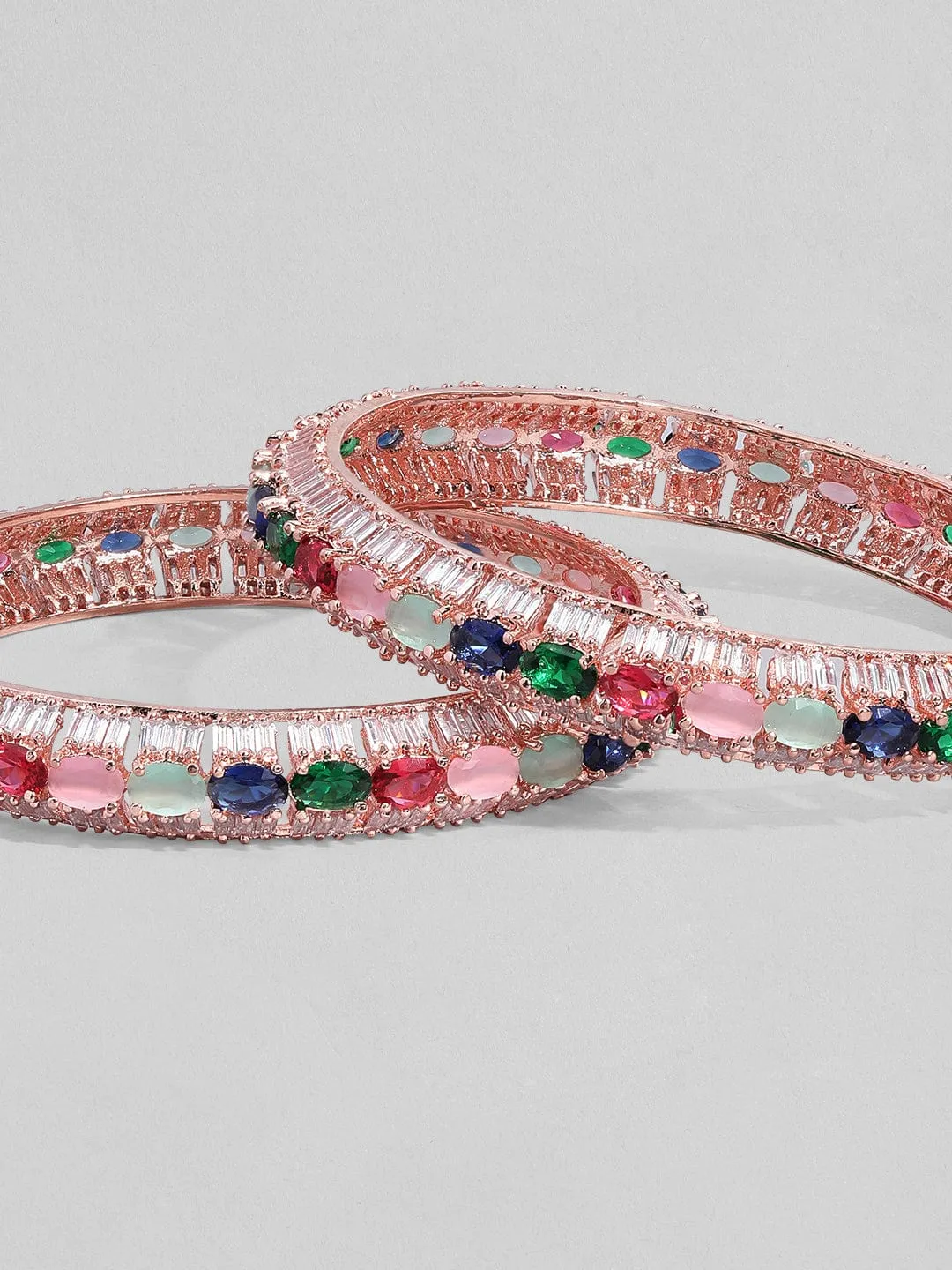 Rubans Rose Gold Plated Multicolor Stone Studded Zirconia Stone Set of 2 Bangles.