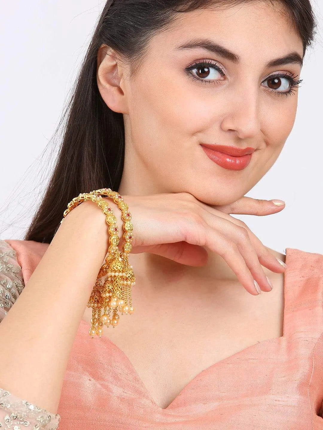 Rubans Traditional Gold Plated Studded With Pearls With Multiple Jhumka Hangings Set Of 2 Bangle Set