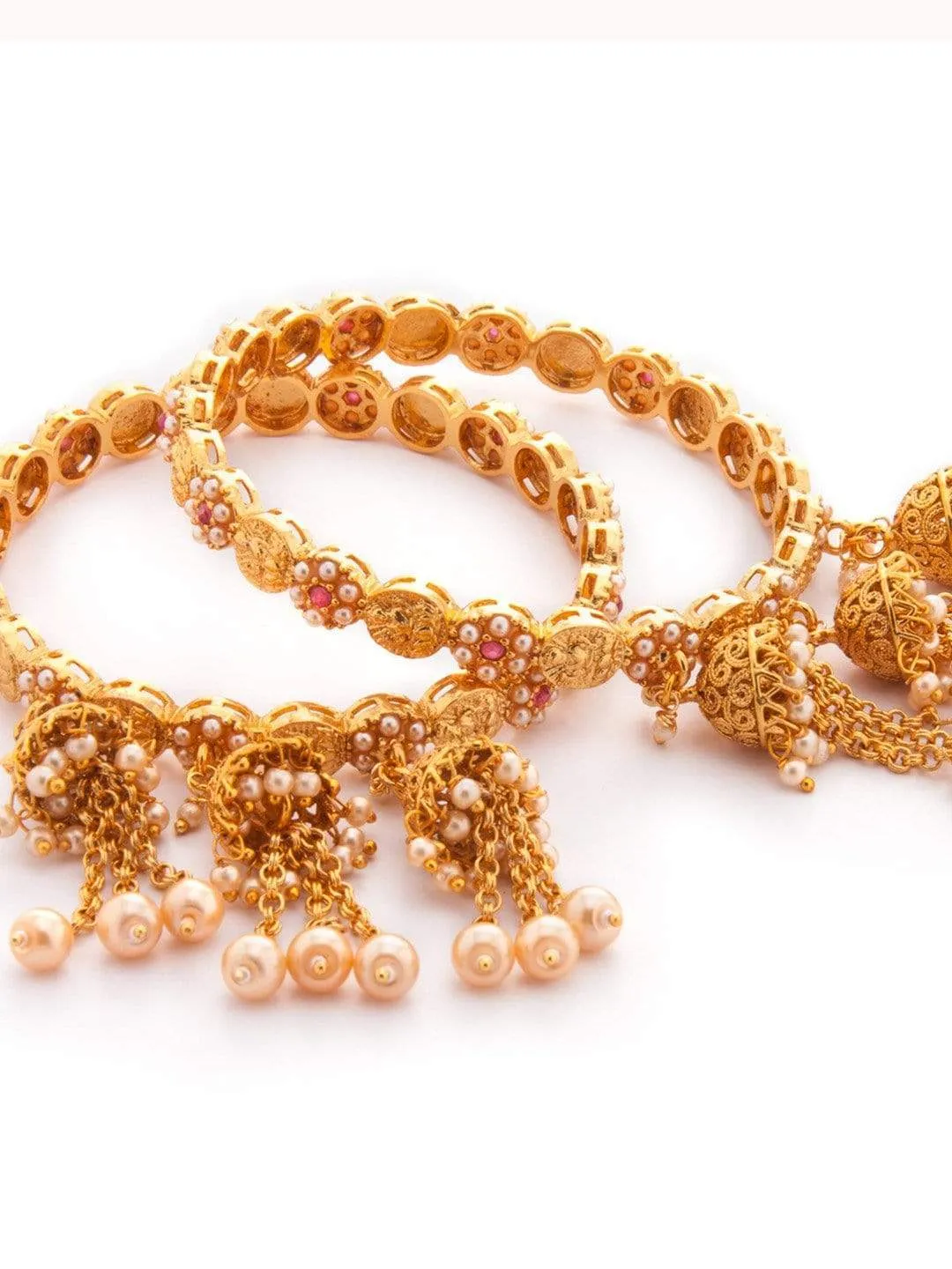 Rubans Traditional Gold Plated Studded With Pearls With Multiple Jhumka Hangings Set Of 2 Bangle Set