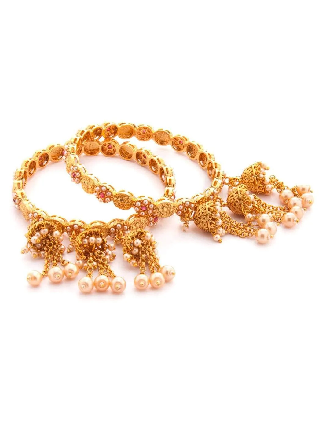 Rubans Traditional Gold Plated Studded With Pearls With Multiple Jhumka Hangings Set Of 2 Bangle Set